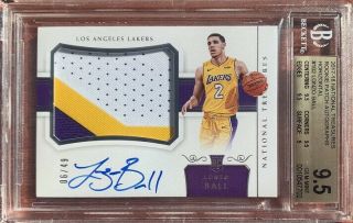 2017 - 18 National Treasures Lonzo Ball Rookie 3 Color Patch Auto 6/49 Bgs 9.  5