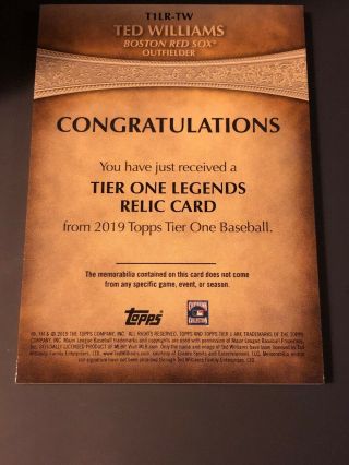 TED WILLIAMS 2019 TOPPS TIER ONE 78/175 GAME BAT LEGENDS GU RELIC RED SOX 4