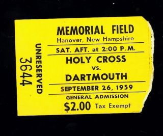 1959 (sept.  26) Holy Cross V Dartmouth College Football Ticket Stub