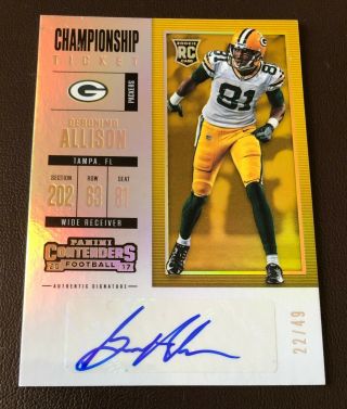 2017 Contenders Geronimo Allison Rc Championship Rc Ticket Auto 22/49 Packers