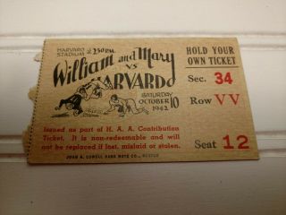Vintage - Harvard Vs William And Mary Football Ticket - October 10,  1942