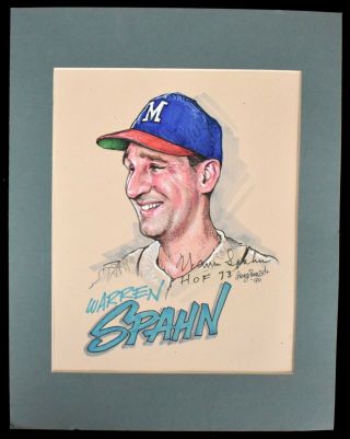 Warren Spahn Signed Baseball Art Pastel Noted Artist George Perez Loa