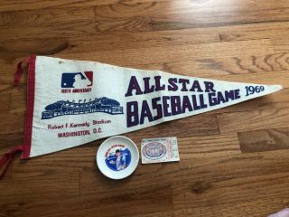 Vintage 1969 Mlb Baseball All Star Game Souvenir Pennant,  Game Ticket And Plate