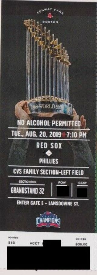 Boston Red Sox V Philadelphia Phillies Ticket Stub 8/20/2019 @ Fenway Park