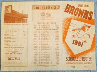 1951 St Louis Browns Tri - Fold Pamphlet Roster Schedule,  Al Golden Anniversary