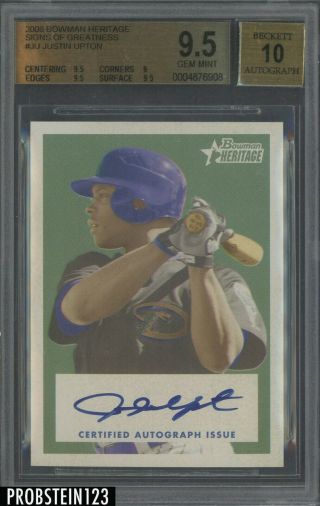 2006 Bowman Heritage Signs Of Greatness Justin Upton Rc Auto Bgs 9.  5