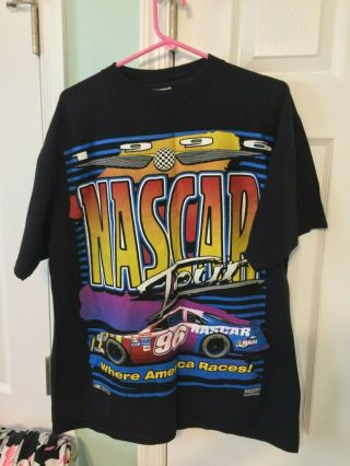 Vtg 90s 1996 Nascar Tour Racing All Over Print Graphic T - Shirt Size Large L