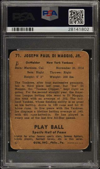 1941 Play Ball Joe DiMaggio 71 PSA 2 GD (PWCC) 2