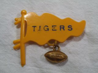 Vintage Louisiana State Univ Tigers Flag W/football - 2.  5 " Yellow Plastic Pin