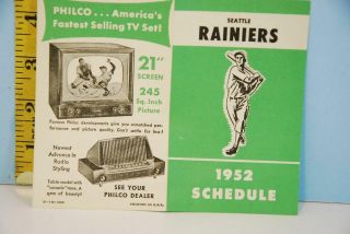 1952 Seattle Rainiers Minor League Baseball Pocket Schedule Philco Radio Tv