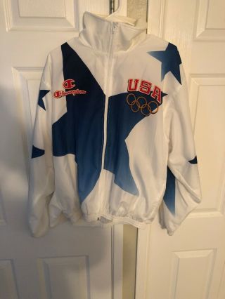 Vintage Champion Usa Summer Olympic Team Atlanta 1996 Large Zip - Up White Jacket