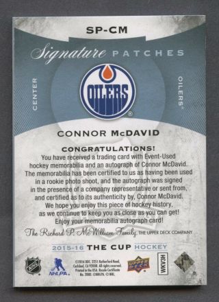 2015 - 16 UD The Cup Connor McDavid Oilers RPA RC Patch AUTO 96/99 2