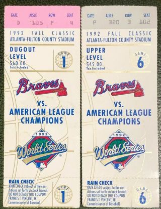 1992 World Series Ticket Stub Game 1 & 6 Blue Jays @ Braves