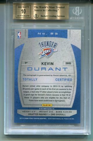 2013 - 14 PANINI TOTALLY CERTIFIED KEVIN DURANT AUTO AUTOGRAPH BGS 9.  5/10 2