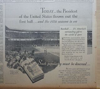 1936 Newspaper Ad For Chesterfield - Yankees Vs.  Senators,  1936 Opening Game