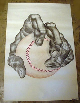 36 X 24 Poster Chris Brown 1990 Giant Baseball Grip Drawing,  B&w,  Red Colored