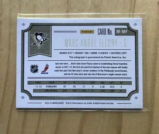 Marc - Andre Fleury 2012 - 13 Panini Limited Auto Patch SSP /25 ON CARD AUTO 2
