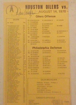 Signed Dan Pastorini 1978 Oilers Vs Eagles 4 - Page Team Media Program