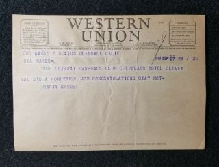 1940 World Series Western Union Telegram To Detroit Tigers Del Baker Pennant Win
