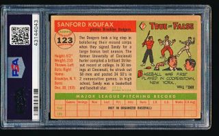 1955 Topps SANDY KOUFAX RC 123 PSA 4 - No Creases 2