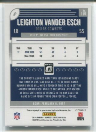 2018 Leighton Vander Esch Panini Donruss Optic AUTO BRONZE Rc Dallas Cowboys 2