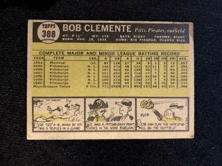 1961 Topps Roberto Clemente Pittsburgh Pirates 388 Baseball Card No Crease 4