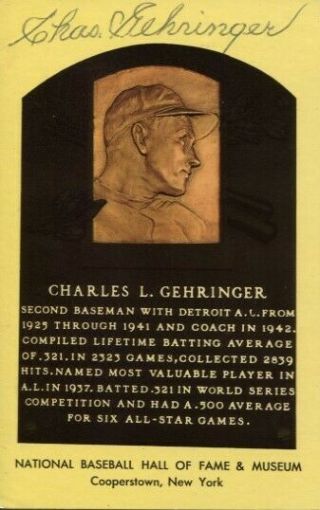 Chas.  Gehringer Autographed Detroit Tigers Vintage Hall Of Fame Postcard