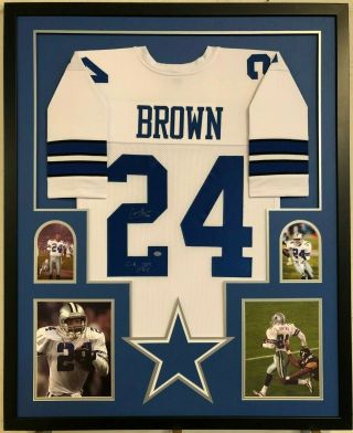 Framed Dallas Cowboys Larry Brown Autographed Signed Inscribed Jersey Gtsm Holo
