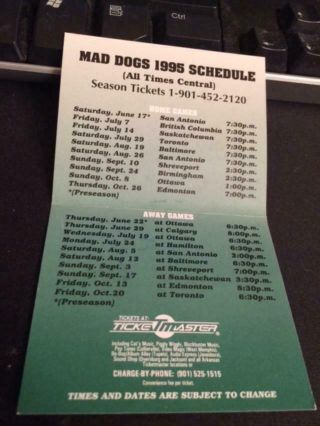 1995 Memphis Mad Dogs CFL Canadian Football Pocket Schedule Bud Ver First Year 2