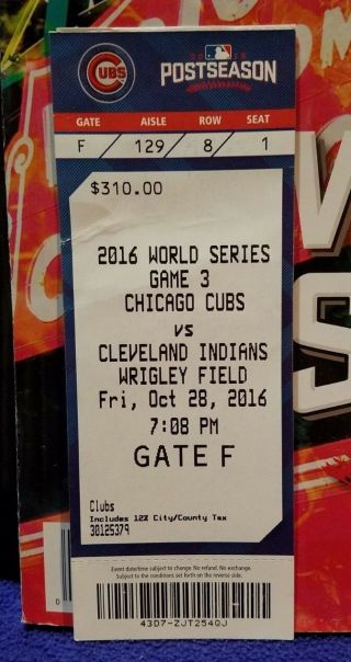 2016 WORLD SERIES GAME 3 TICKET & SCORED PROGRAM INDIANS @ CHICAGO CUBS WRIGLEY 2