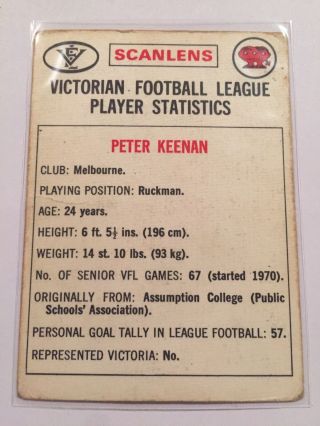 1974 Scanlens AFL VFL Football Card - Melbourne Demons Peter Keenan 78 2