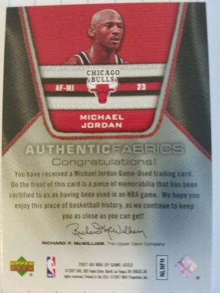 Michael Jordan 2007 - 08 Upper Deck SP Game Authentic Fabrics Jersey Card HOF 2
