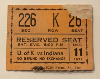 Kentucky Wildcats Vs Indiana Hoosiers Basketball 1971 Ticket Stub Rupp Vs Knight
