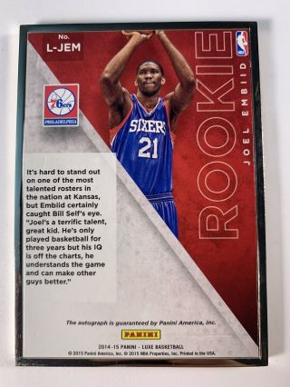Joel Embiid 14/15 Panini Luxe Metal Rookie RC Auto Autograph 25/25 1/1 2