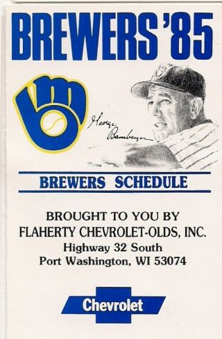 Milwaukee Brewers 1985 Flaherty Chevrolet Pocket Schedule - Nrmt -