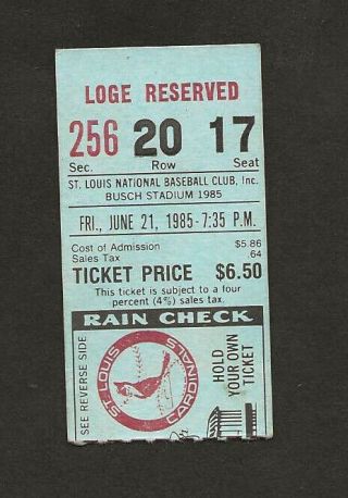St Louis Cardinals Vs Chicago Cubs Ticket Stub June 21,  1985