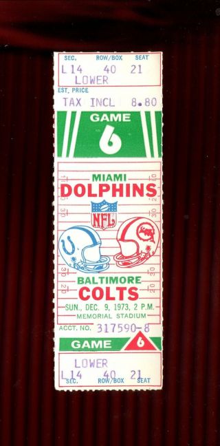 Ticket Football Miami Dolphins 1973 12/9 Baltimore Colts Bowl Yr