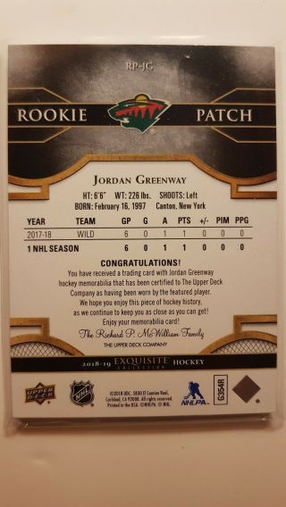 2018 - 19 UD Exquisite Jordan Greenway Rookie 4 color Patch 166/299 3