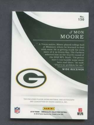 2018 Immaculate J ' Mon Moore Packers RPA RC NFL Shield Tag Patch AUTO 1/1 2