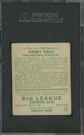 1934 Goudey 1 Jimmy Jimmie Foxx Philadelphia Athletics HOF SGC 20 FAIR 1.  5 2