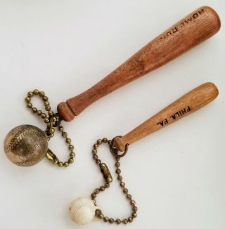 2 Vintage Wooden Bat & Baseball Key Chains