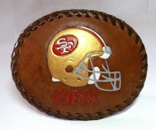 Vintage Nfl San Francisco 49ers Leather Belt Buckle 1980s Embossed Painted Logo