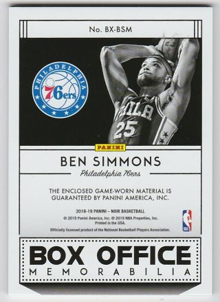 2018 - 19 Panini Noir BEN SIMMONS Box Office Memorabilia GAME WORN Jersey Card /99 2