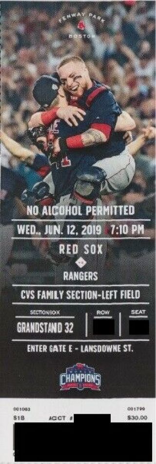Boston Red Sox V Texas Rangers Ticket Stub 6/12/2019 @ Fenway Park
