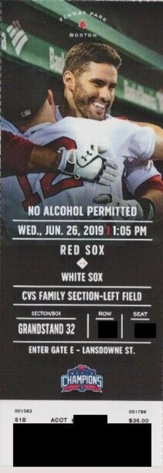 Boston Red Sox V Chicago White Sox Ticket Stub 6/26/2019 @ Fenway Park