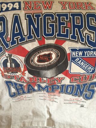 Ny Rangers 1994 Stanley Cup Champ T - Shirt (l) Gray