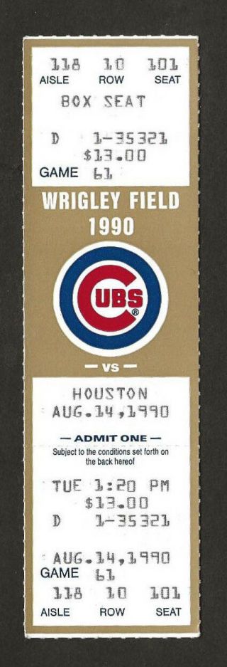 Chicago Cubs Vs Houston Astros Full Ticket August 14,  1990 Greg Maddux Win 55