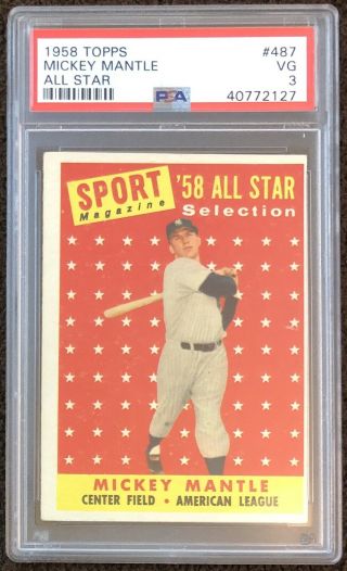 1958 Topps Mickey Mantle All - Star 487 Psa 3