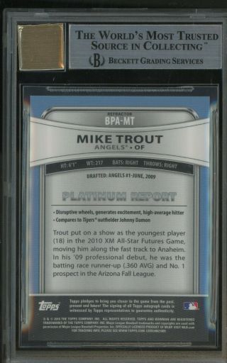 2010 Bowman Platinum Refractor Mike Trout Angels RC Rookie BGS 9 w/ 10 AUTO 2