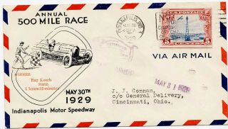 Us 1929 First Flight Cover Indianapolis 500 Mile Auto Race Winner Keach Imprint